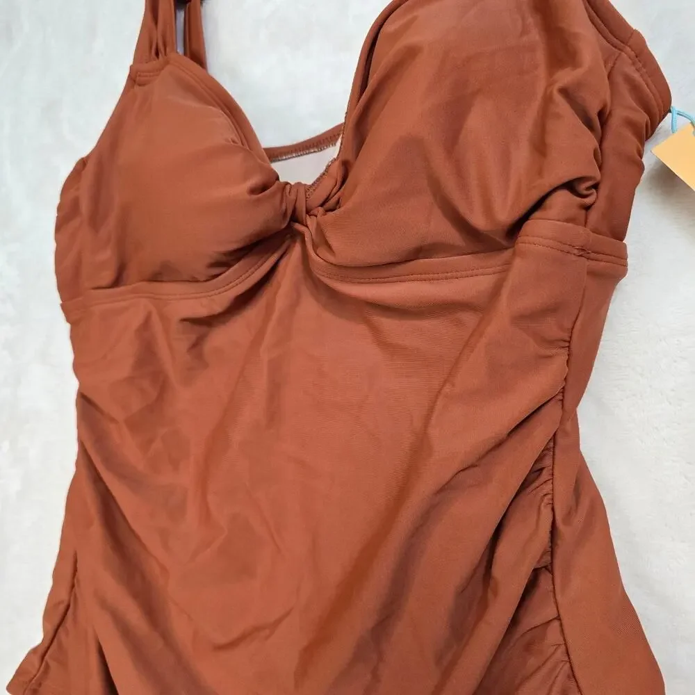 Kona Sol Women's Ruched One-Piece Swimsuit Brown Size XL NWT